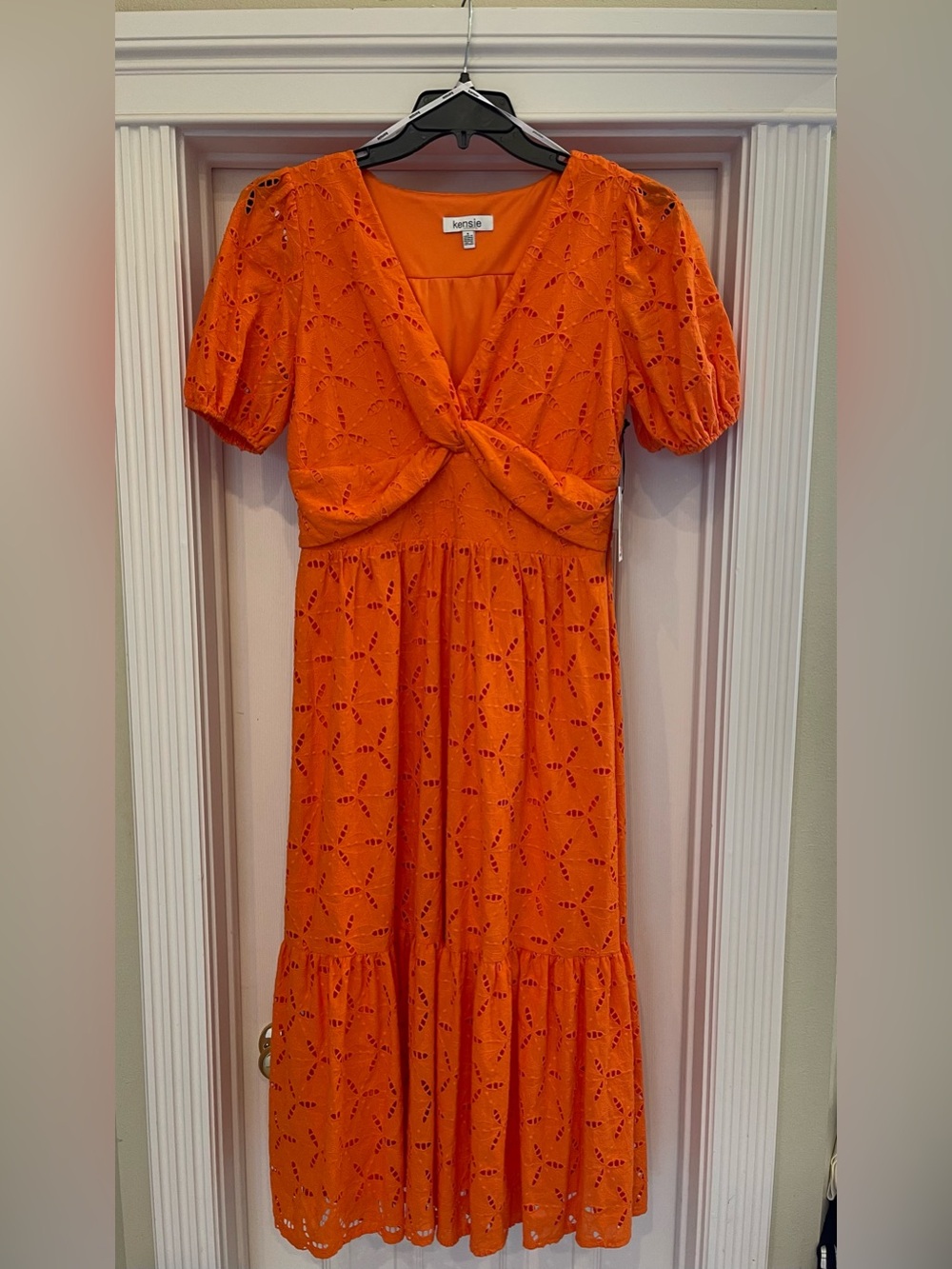 Kensie Bright Orange Eyelet Midi Dress with Twist Front